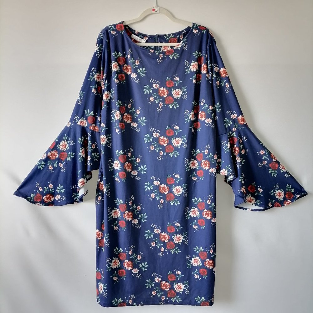 Haute Edition Womens Navy Blue Bell Sleeve Round Neck Floral Shift Dress Size 1X